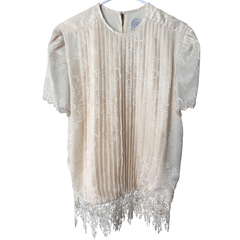 Liz Roberts Vintage 80s Pleated Lace Trim Blouse Size 8